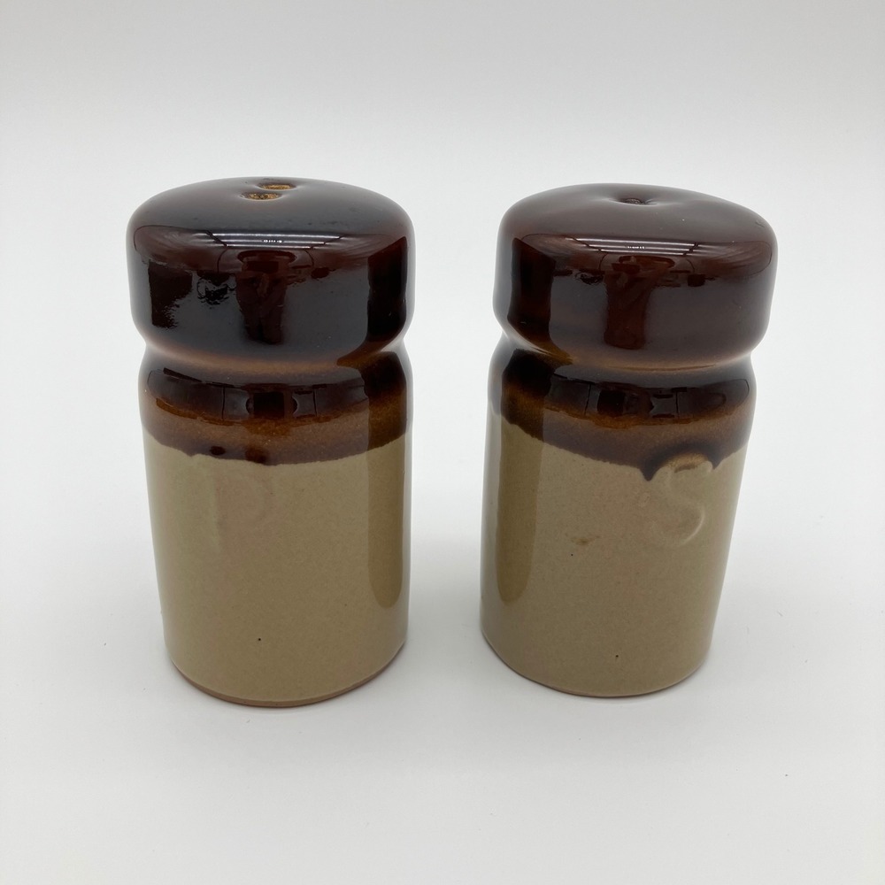 Vintage Salt & Pepper Shakers Set 4.25in Brown Dip Glaze Stoneware MCM Retro